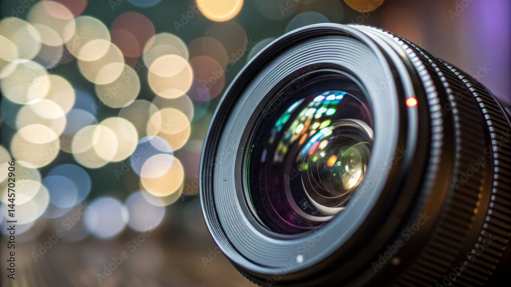Close-up of a camera lens with a blurred bokeh background featuring colorful lights. The setup captures the creativity and technology of photography during early evening