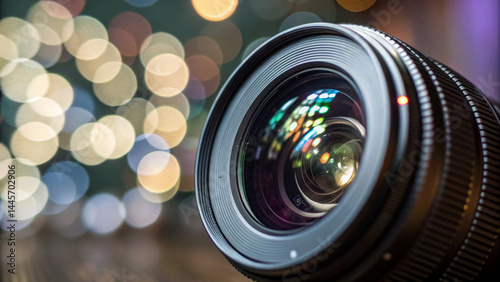 Obraz na płótnie Close-up of a camera lens with a blurred bokeh background featuring colorful lights. The setup captures the creativity and technology of photography during early evening w salonie