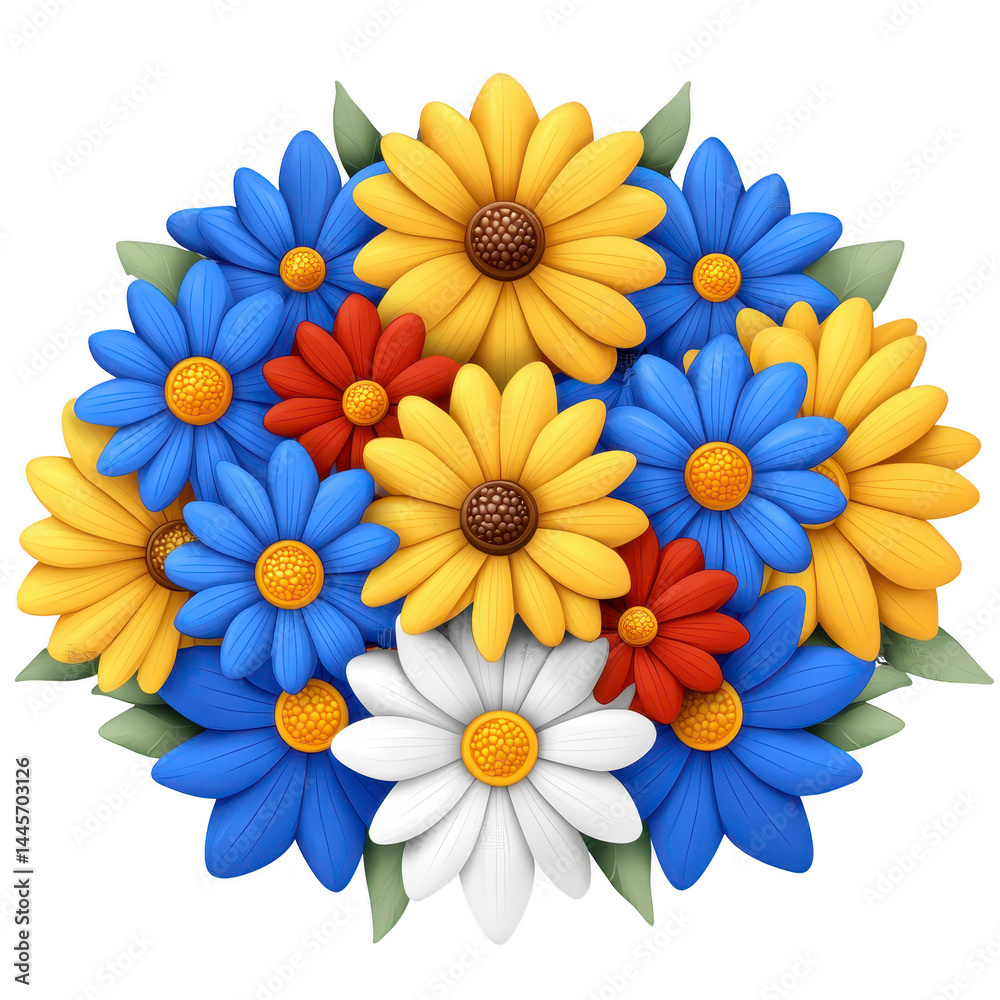 Obraz premium Vibrant bouquet of colorful daisies, featuring blue, yellow, red, and white flowers, creates cheerful and lively arrangement. petals are detailed and leaves add natural touch