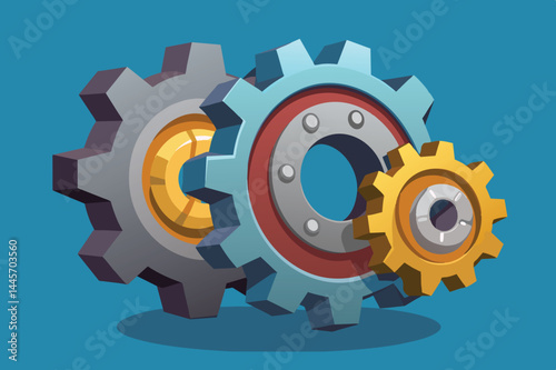 Three interlocking gears in different colors showcase a vibrant mechanical design against a blue background, illustrating the principles of motion and engineering.