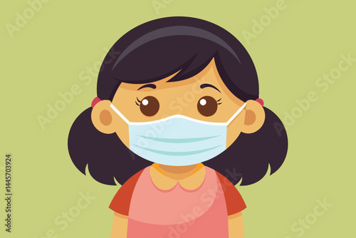 A young girl with pigtails and a pink shirt smiles while wearing a medical face mask, promoting safety and health during a public health awareness initiative.
