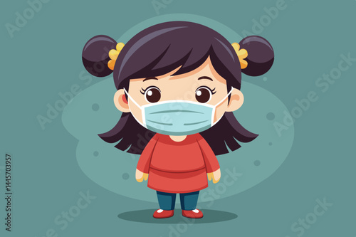 A young girl with pigtails and a bright red shirt wears a protective mask while standing in a friendly, colorful setting emphasizing the importance of health and safety practices.