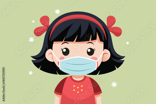 A cheerful young girl with dark hair is wearing a face mask, showcasing the importance of health safety while promoting awareness in a bright and playful setting.