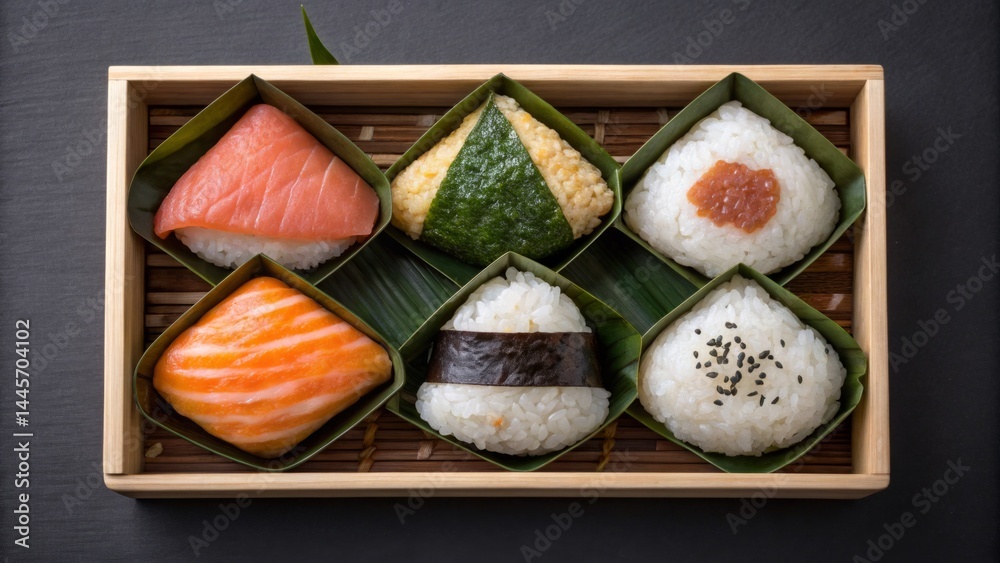 A variety of sushi is arranged in a wooden box lined with green leaves, showcasing salmon, rice balls, and seaweed. This vibrant display captures the essence of Japanese cuisine