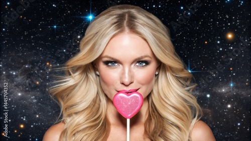Obraz na płótnie A cheerful blonde woman poses with a heart-shaped lollipop in her mouth, surrounded by a dazzling starry background, creating a fun and whimsical atmosphere that captivates the viewer w salonie