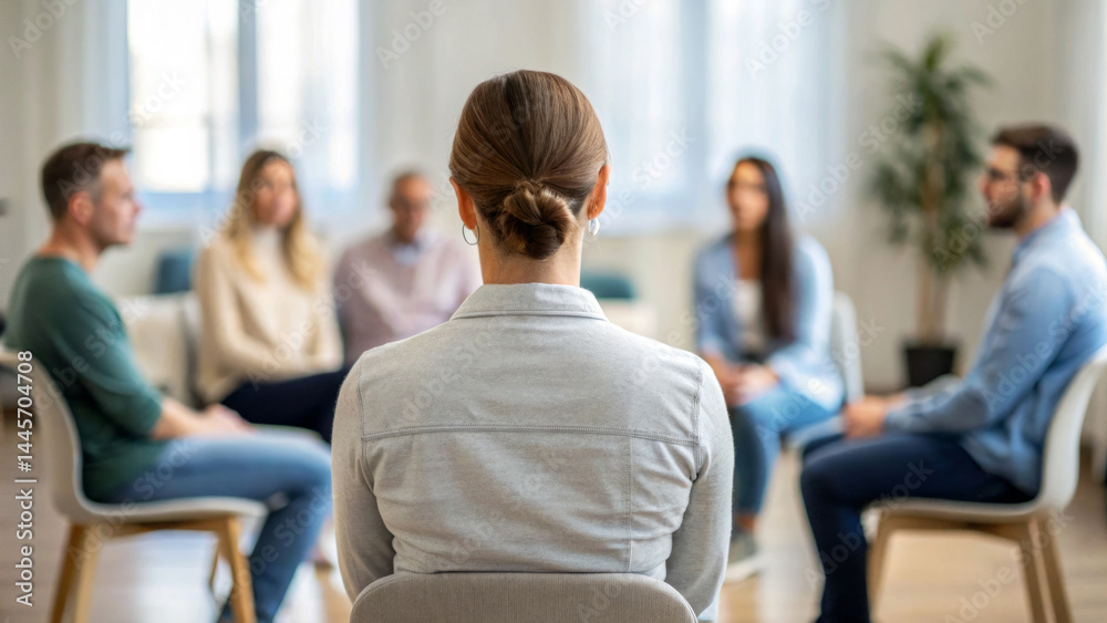 In a warm, inviting room, individuals engage in a group therapy session, sharing feelings and experiences. The supportive atmosphere encourages openness and connection among participants