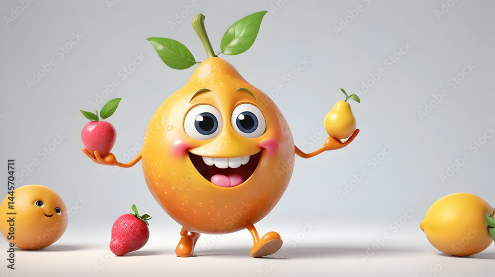Adorable High-Quality Anthropomorphic Fruit Character with Big Smile, Expressive Eyes, Soft Textures, Playful Pose, and Cute Accessories on Clean White Background Adorable High-Quality Anthropomorphic Fruit Character with Big Smile, Expressive Eyes, Soft Textures, Playful Pose, and Cute Accessories on Clean White Background