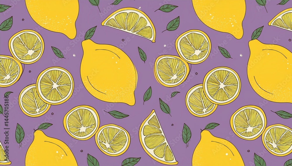 seamless pattern of lemons and leaves on pastel purple background cute hand drawn groovy citrus fruit design for fabric prints seamless pattern of lemons and leaves on pastel purple background cute hand drawn groovy citrus fruit design for fabric prints