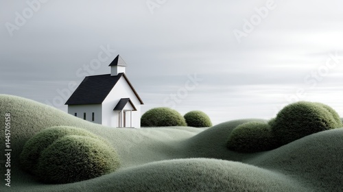 Small White Church on Rolling Green Hills Under a Gray Sky