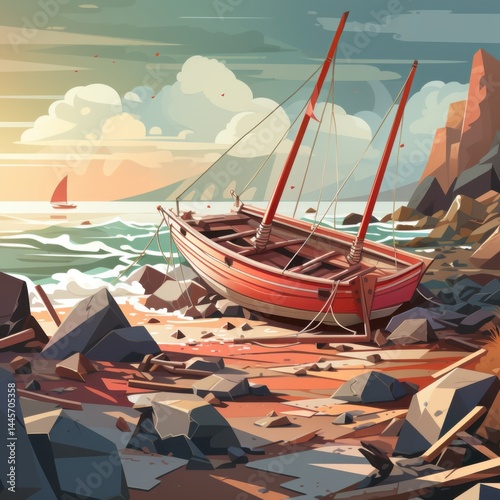 Serene Coastal Scene with a Classic Wooden Sailboat Resting on Rocky Shoreline Near Cliffs Du Sunset with Calm Sea and Vibrant Sky in a Digital Painting Style