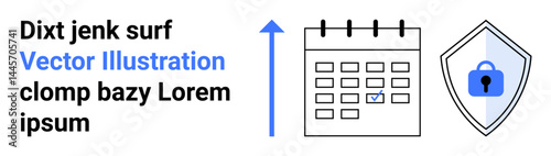 Calendar with marked date, upward arrow representing growth, and shield icon with padlock. Ideal for planning, scheduling, productivity, security, data protection, privacy flat landing page banner
