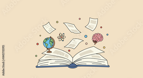 Open Book with Globe and Atom Model Educational Illustration