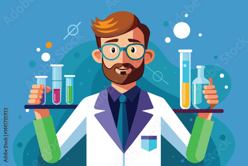 A dedicated scientist stands proudly in a lab coat, showcasing several test tubes filled with vibrant liquids, actively engaging in a chemistry experiment.