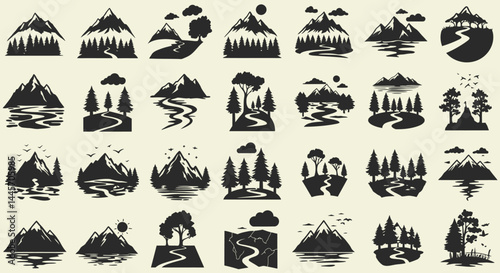 Mountainous landscapes with trees rivers sun birds and stars in silhouette