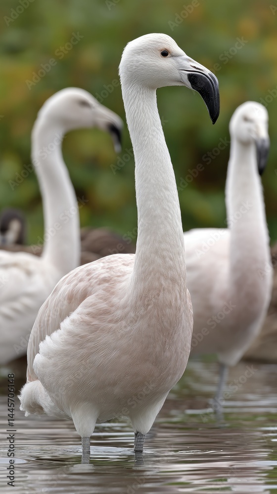 Obraz premium As the golden hour casts a warm glow, flamingos gracefully forage in tranquil waters, showcasing their vibrant plumage in stunning beauty