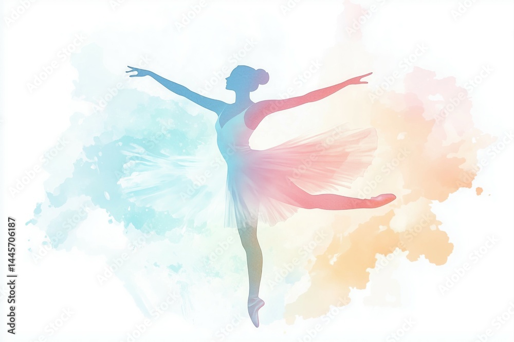 Naklejka premium Abstract illustration of a ballet dancer in pastel colors on a white background, with a simple and elegant style.