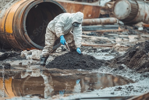 A worker in a hazmat suit testing contaminated soil near a leaking chemical barrel, with copy space. Soft dramatic lighting. Environmental disaster background.  photo