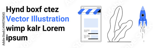 Online webpage with striped awning, abstract plant, rocket launching. Ideal for technology, startup, business, development, marketing, e-commerce creative projects simple landing page