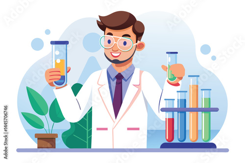 A scientist stands in a laboratory holding test tubes filled with vibrant liquids. Bright colors and lab equipment create an engaging atmosphere for learning and experimentation.