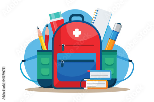 A vibrant backpack displaying various school supplies like pens, pencils, and notebooks arranged neatly around it, perfect for an educational setting.