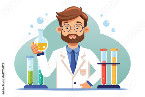 A smiling scientist holds a flask filled with yellow liquid, surrounded by colorful glass containers with various chemicals, emphasizing the excitement of scientific discovery.