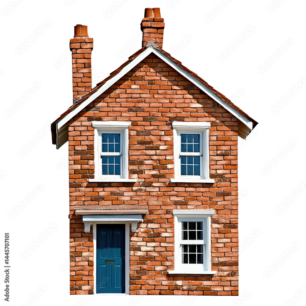 Obraz premium Small brick house with chimney, white window frames, blue door, pitched roof, and brick exterior, in close-up view against a plain background