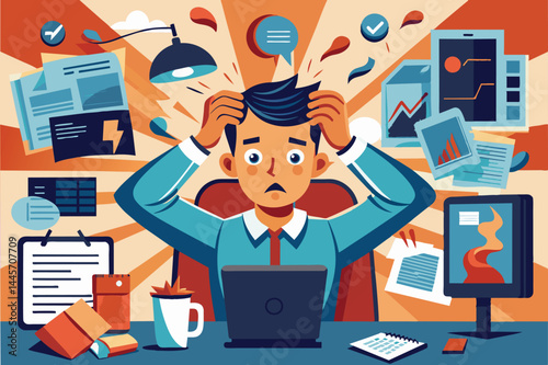 A worker appears stressed while sitting at a messy desk filled with papers and distractions, trying to manage multiple tasks on a laptop in a colorful office setting.