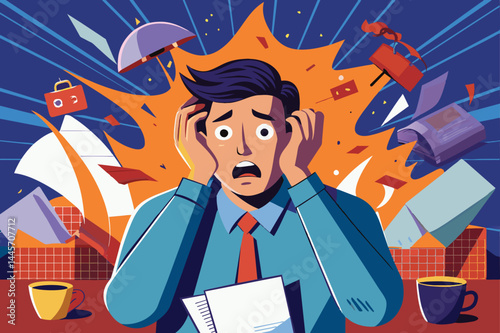 A man in a blue suit looks distressed and overwhelmed, clutching documents while chaotic objects and papers fly around him, indicating a hectic environment.