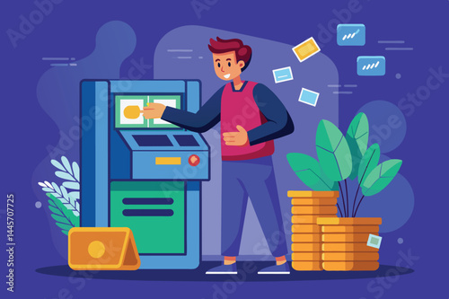A young man interacts with an automatic teller machine, surrounded by colorful stacks of coins and vibrant plants in a digital setting.