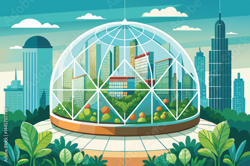 A contemporary greenhouse features lush greenery and colorful plants surrounded by towering skyscrapers under a bright blue sky, highlighting urban farming potential.
