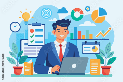 A young man smiles while typing on his laptop in a bright office filled with colorful graphs and plants, showcasing a productive work environment.