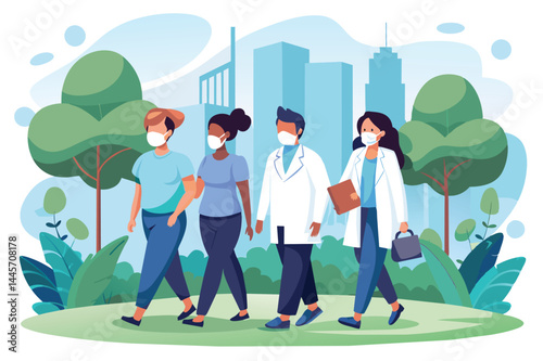 A group of healthcare workers wearing masks strolls together in a park, highlighting their important role in community wellness against the backdrop of a city skyline.