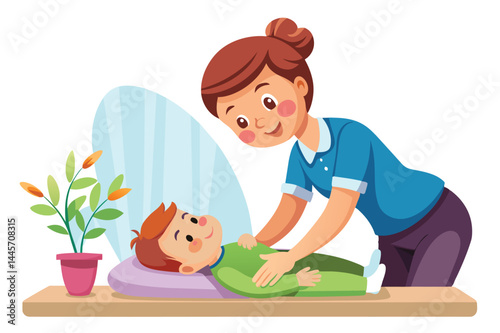 A caregiver gently interacts with a child lying on a soft mat, creating a warm atmosphere in a bright room adorned with a small plant, emphasizing care and affection.