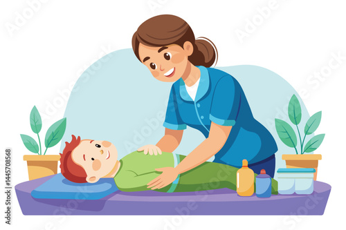A skilled caregiver gently provides a massage to a child in a soothing environment with plants, emphasizing relaxation and therapeutic care during the session.