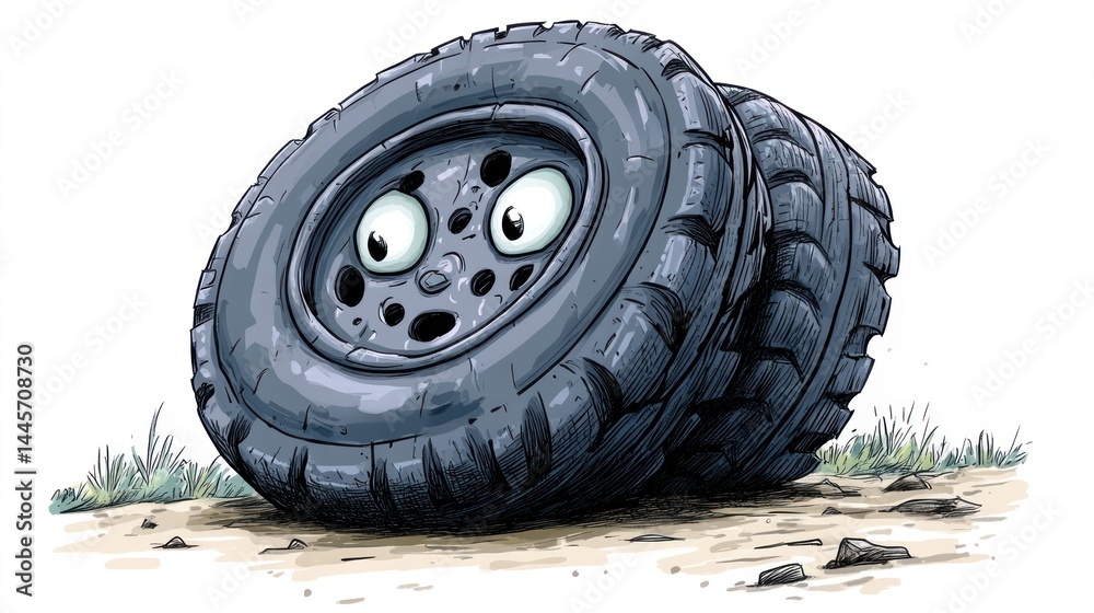 Tires on the ground, surprised expression Tires on the ground, surprised expression