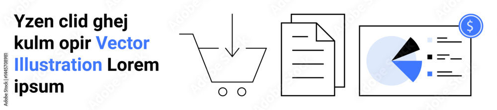 Shopping cart with arrow, stacked documents, and a pie chart with dollar icon. Ideal for e-commerce, finance, analytics, marketing, data management, retail strategy simple landing page Shopping cart with arrow, stacked documents, and a pie chart with dollar icon. Ideal for e-commerce, finance, analytics, marketing, data management, retail strategy simple landing page