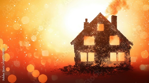 Rustic wooden house silhouette with glowing surrounded by vibrant orange bokeh lights and warm sun or fire backdrop creating cozy evening atmosphere