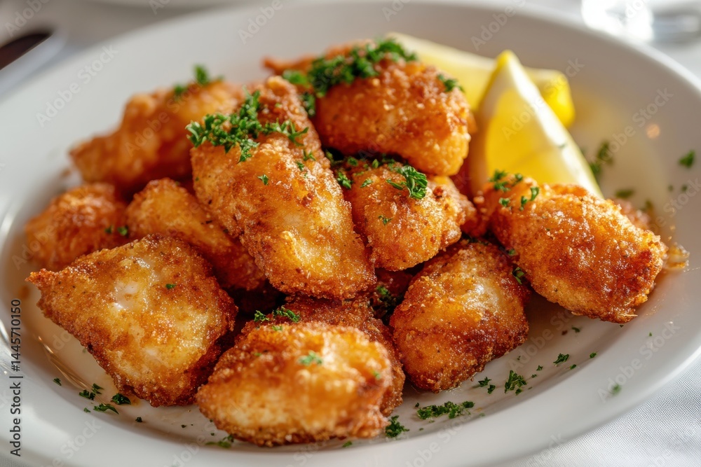 Golden crispy fried fish fillets, breaded and textured, parsley garnish, lemon wedge, white plate, soft shadows, Golden crispy fried fish fillets, breaded and textured, parsley garnish, lemon wedge, white plate, soft shadows,