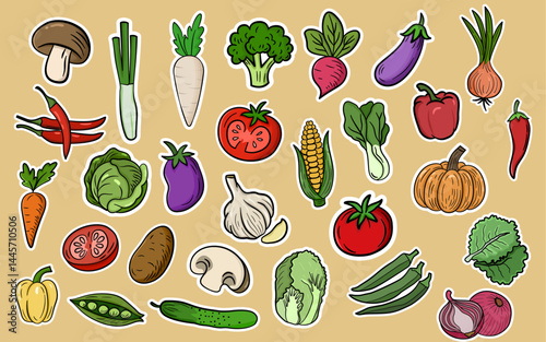 Sticker set of colourful Vegetables with white borders, sticker sheet style, flat colour, vector illustration, clean edges and background.