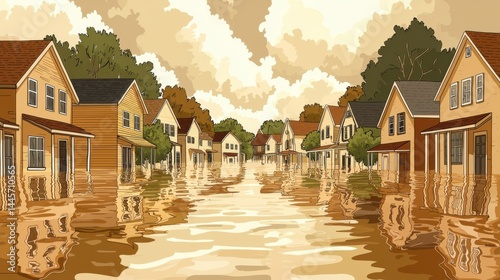 Suburban neighborhood impacted by flooding with water cove streets and partially submerging houses, showing natural disaster effects on residential area