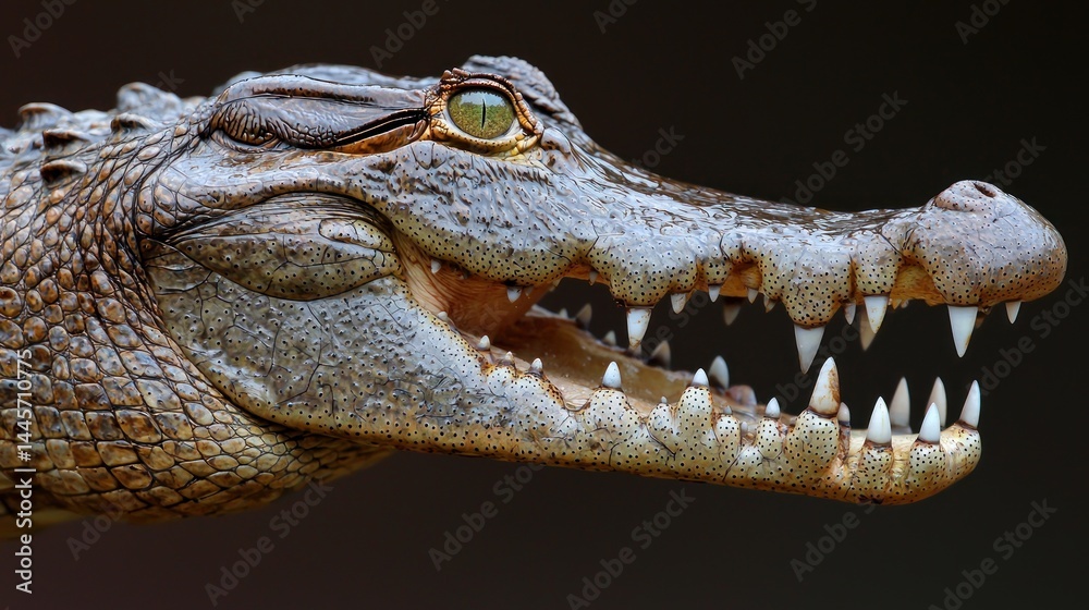A close up side profile of a crocodile head displaying features