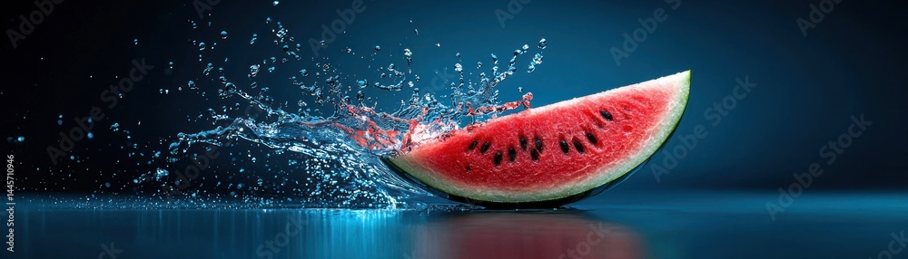 A vibrant slice of watermelon interacting with refreshing water splashes