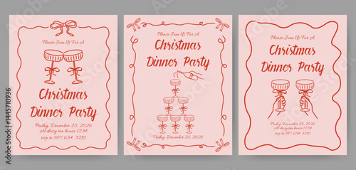 Christmas dinner party invitation card with hand drawn coquette frame and glasses for festive dinners, cocktail parties and holiday gatherings.	