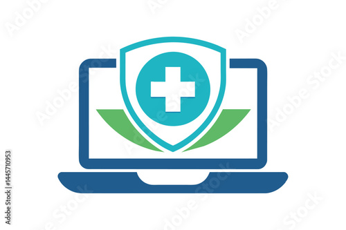 A laptop displays a shield with a medical cross at its center, illustrating the concept of online healthcare security and promoting wellness resources.