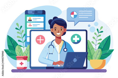 A healthcare professional engages in telemedicine, working on a laptop while surrounded by plants and digital screens displaying medical information and charts.