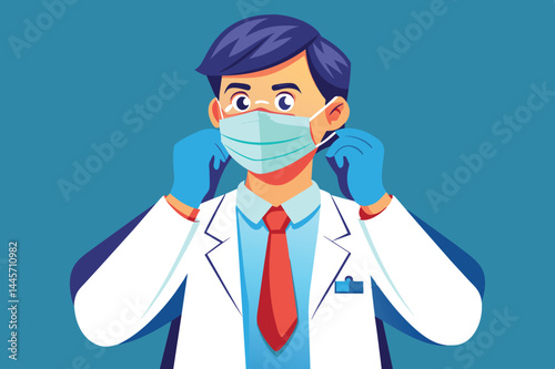 A healthcare worker is getting ready for patient examination by putting on a face mask and blue gloves, ensuring safety and hygiene in a clinical setting.