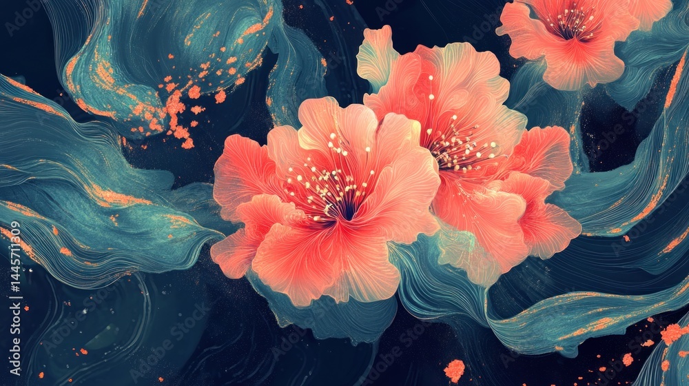 Artistic rendering of coral colored flowers and flowing teal leaves