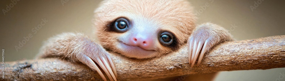 A cute baby sloth with adorable features perched on a branch
