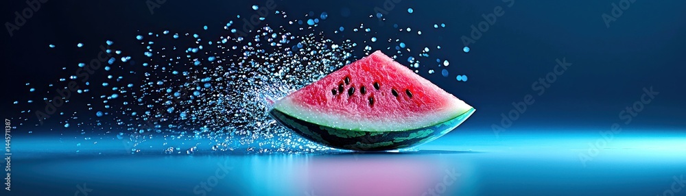 A slice of watermelon with water droplets against a blue backdrop