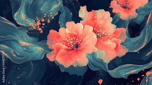 Obraz na płótnie Artistic rendering of coral colored flowers and flowing teal leaves w salonie